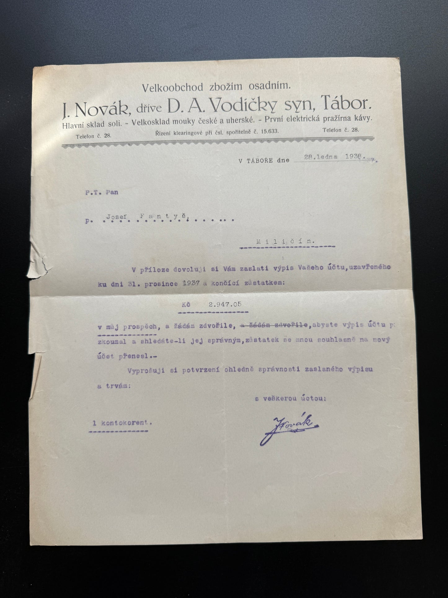 Stary dopis I. Novak, drive D. A. Vodicky syn, Tabor 1926 (F216)