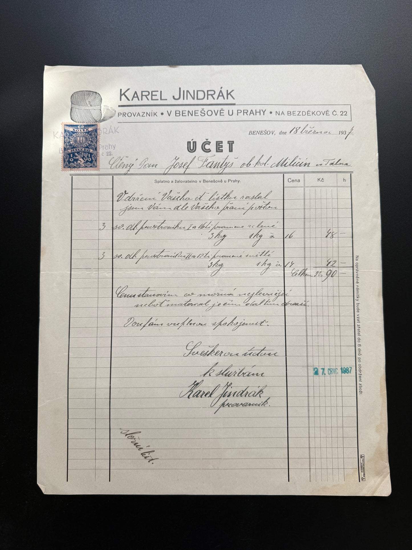 Stary účet Karel Jindrák Benešov 1937, s kolkem (F217)