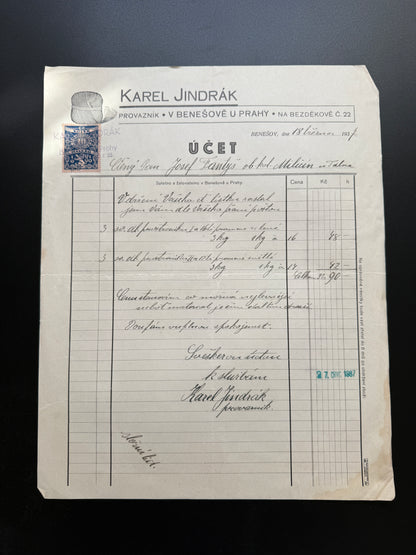 Stary účet Karel Jindrák Benešov 1937, s kolkem (F217)