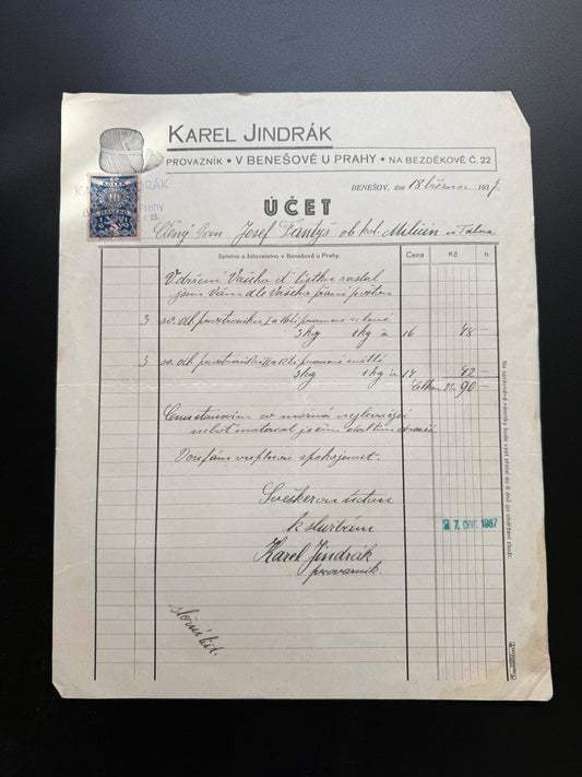 Stary účet Karel Jindrák Benešov 1937, s kolkem (F217)
