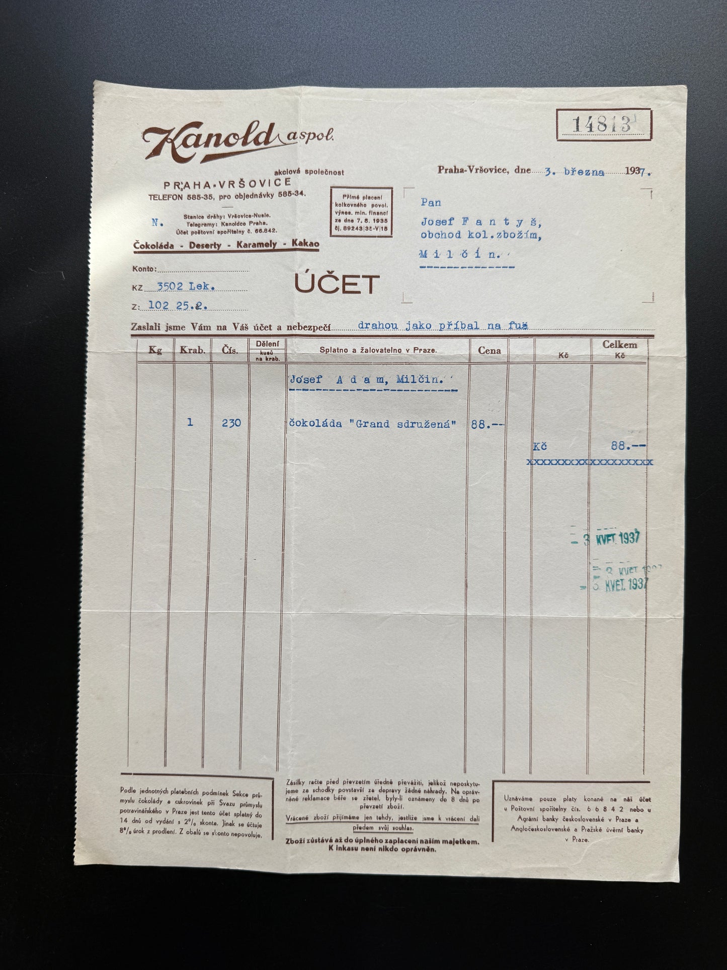 Stary účet Kanold aspol, Praha Vršovice, 1937 (F218)
