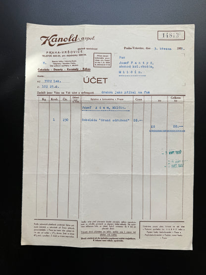 Stary účet Kanold aspol, Praha Vršovice, 1937 (F218)