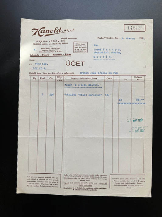 Stary účet Kanold aspol, Praha Vršovice, 1937 (F218)