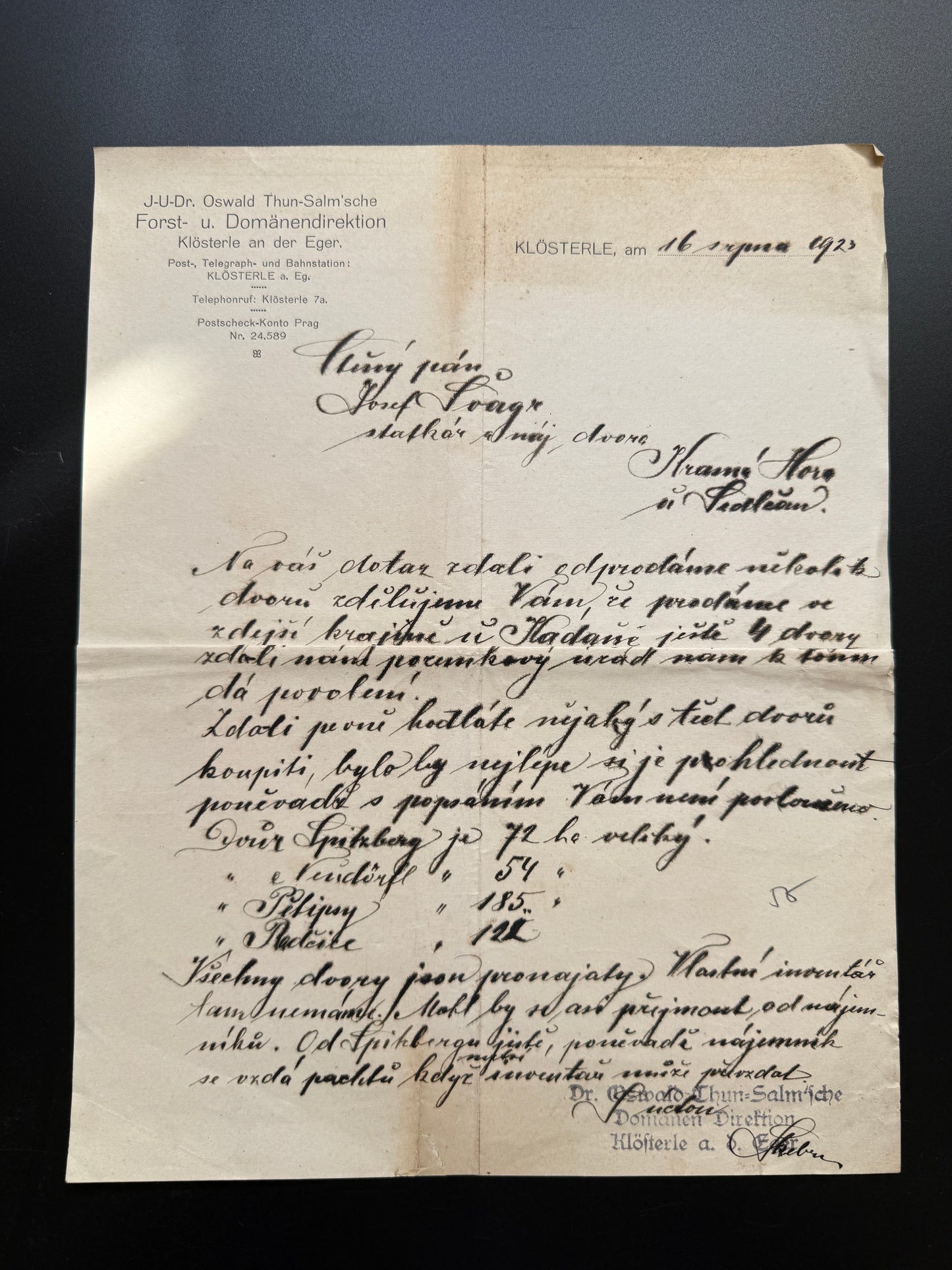 Stary dopis J.U.Dr. Oswald Thun-Salmsche Klösterle, 1923 (F219)