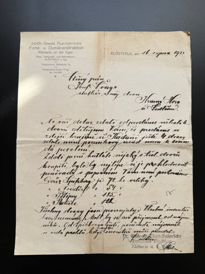 Stary dopis J.U.Dr. Oswald Thun-Salmsche Klösterle, 1923 (F219)