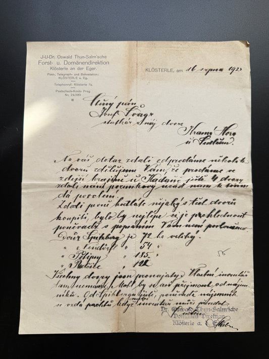 Stary dopis J.U.Dr. Oswald Thun-Salmsche Klösterle, 1923 (F219)