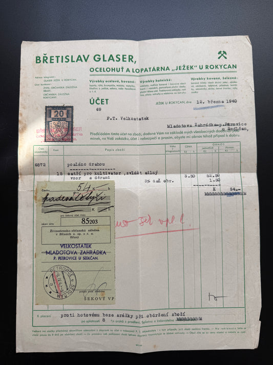 Stary ucet B. Glaser, Ocelohut Jezek Rokycany, 1940 (F220)