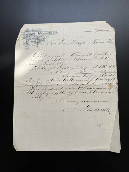 Stary firemni dokument Jan Ullik Praha Horskali 1887 (F221)