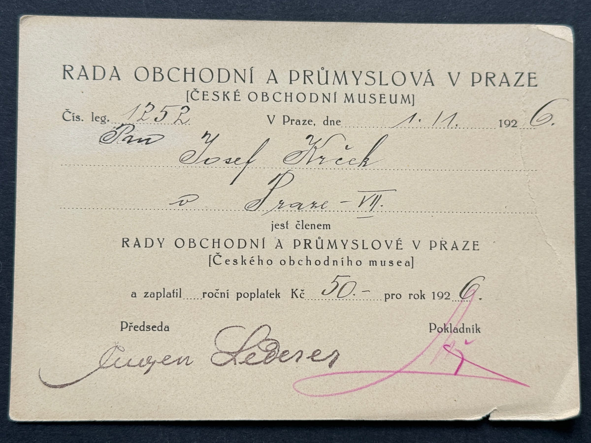 Starý Dokument Rada Obchodní a Průmyslová v Praze 1926 (BM209)