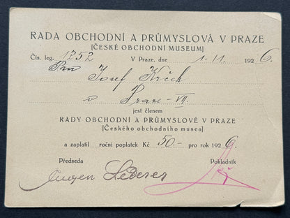 Starý Dokument Rada Obchodní a Průmyslová v Praze 1926 (BM209)