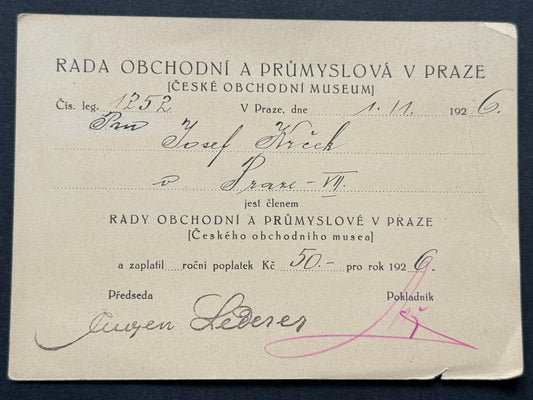 Starý Dokument Rada Obchodní a Průmyslová v Praze 1926 (BM209)