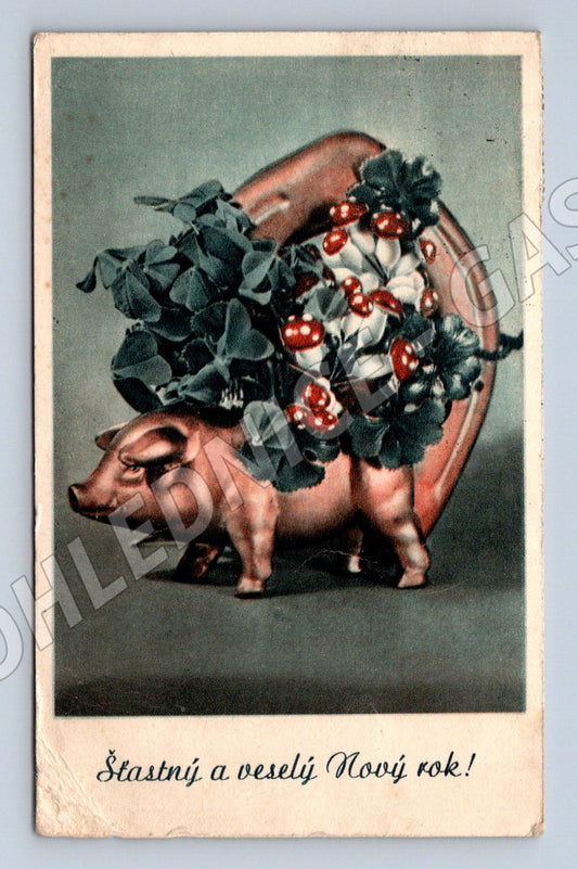 Pohlednice Novoroční prasátko s jetelíčky 1947 (BM25274)