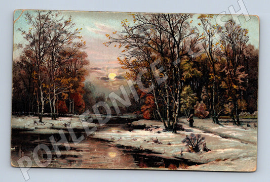 Pohlednice zimní krajina s řekou a měsícem 192x (BM25292)