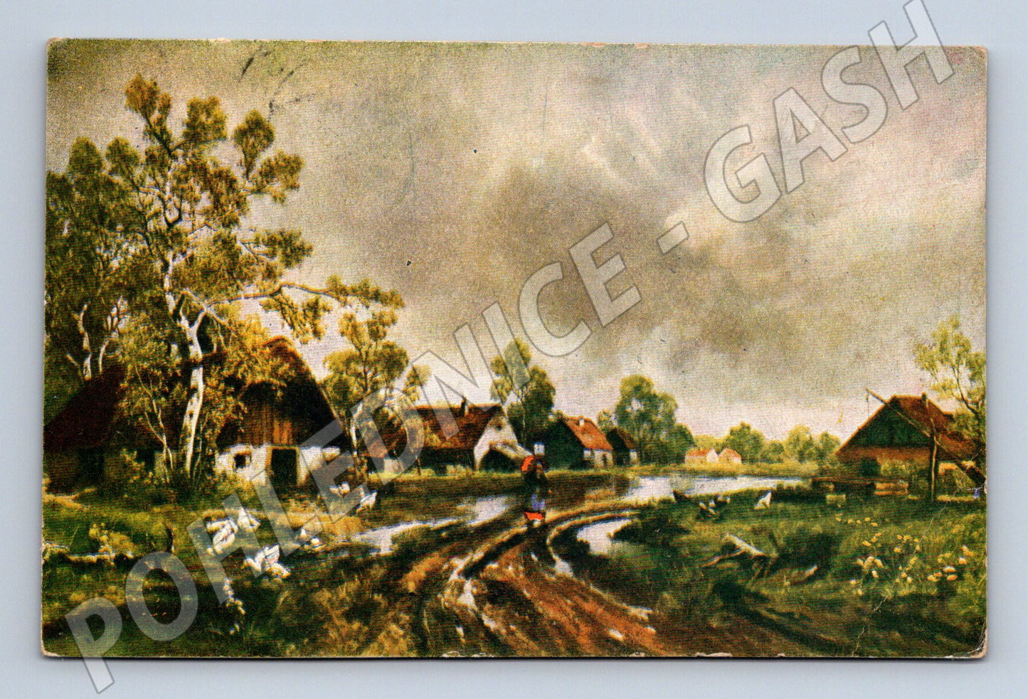 Pohlednice krajina s chalupami a zvířaty 1927 (BM25314)