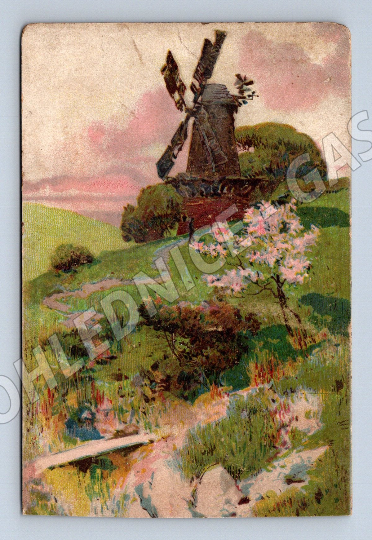 Pohlednice krajina s větrným mlýnem a rozkvetlými stromy (BM25315)