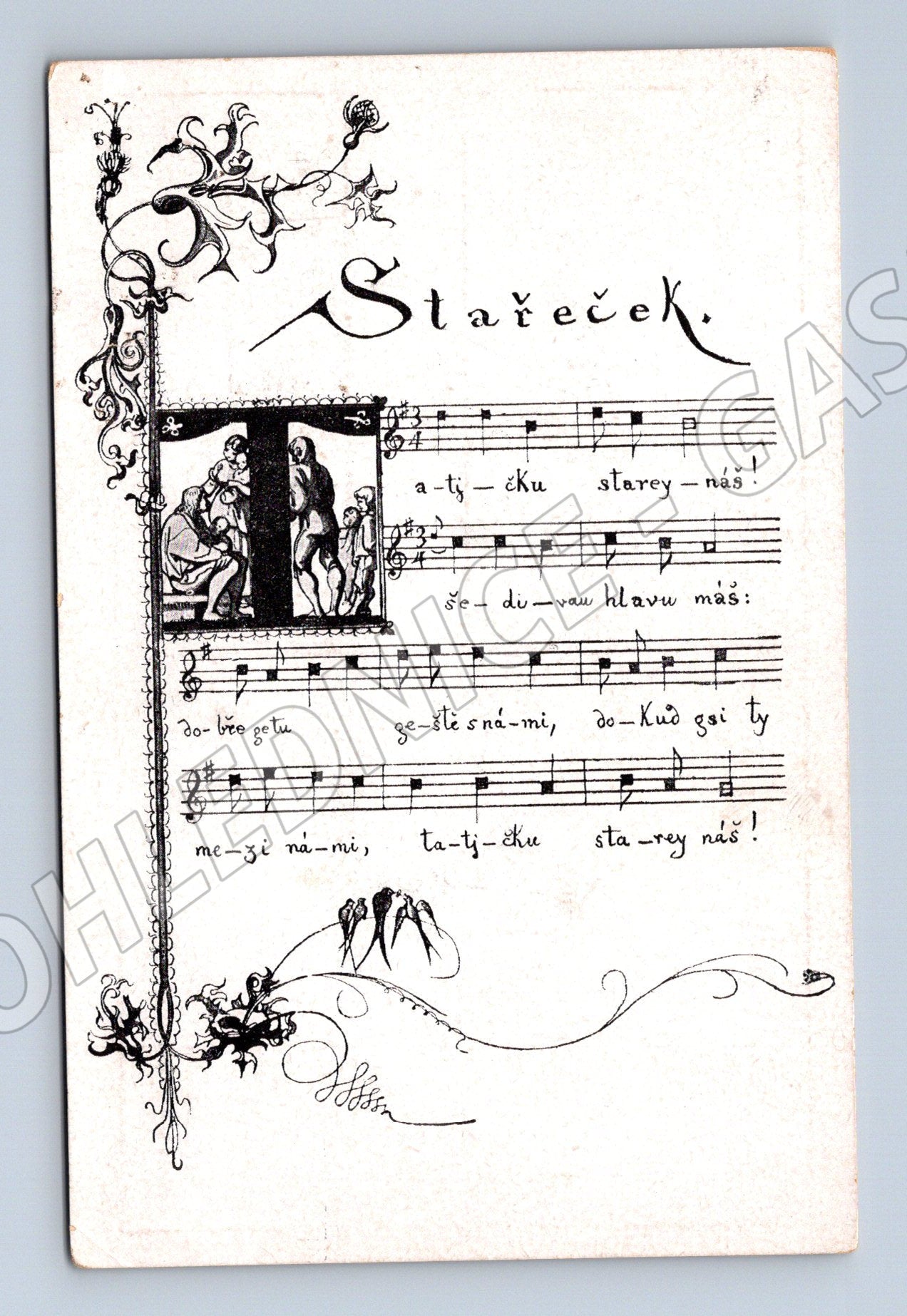 Pohlednice Slavíček Josef Mánes hudební motiv (BM25322)