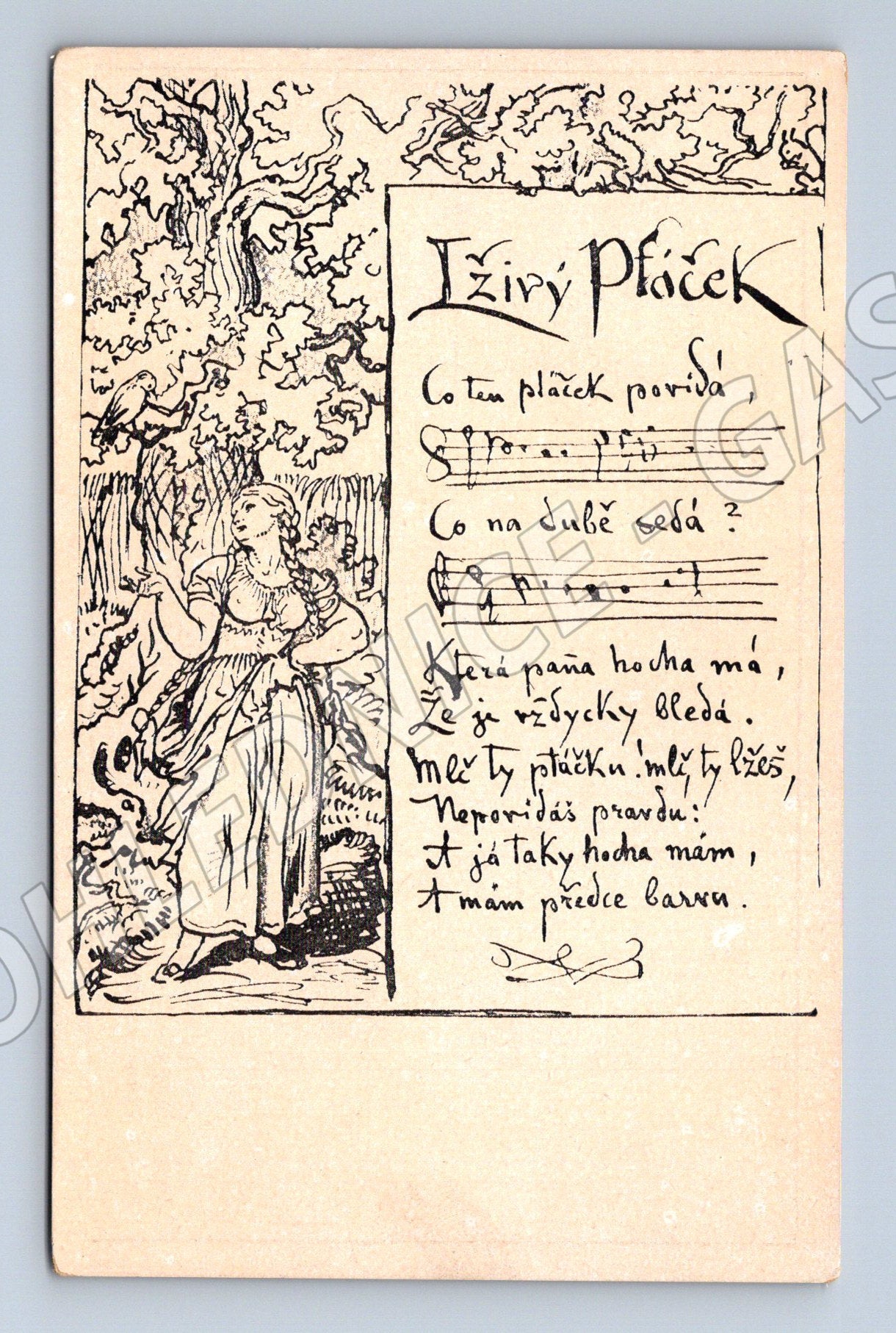Pohlednice Josef Manes Izíry Pláček ilustrace písně (BM25324)