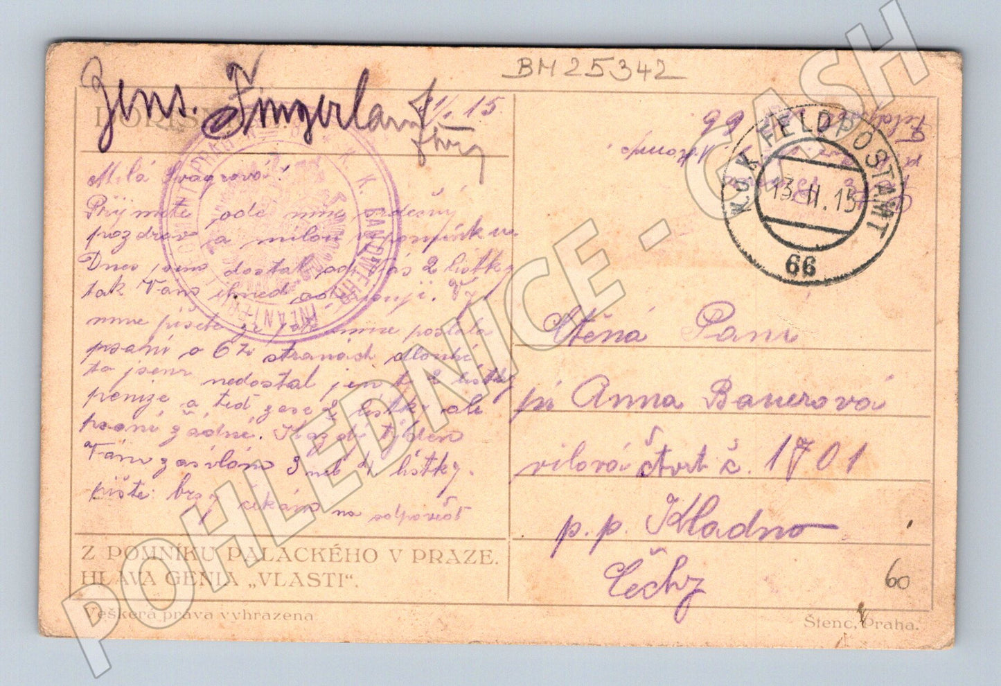 Pohlednice Praha Hlava Genia Vlasti 1915 (BM25342)