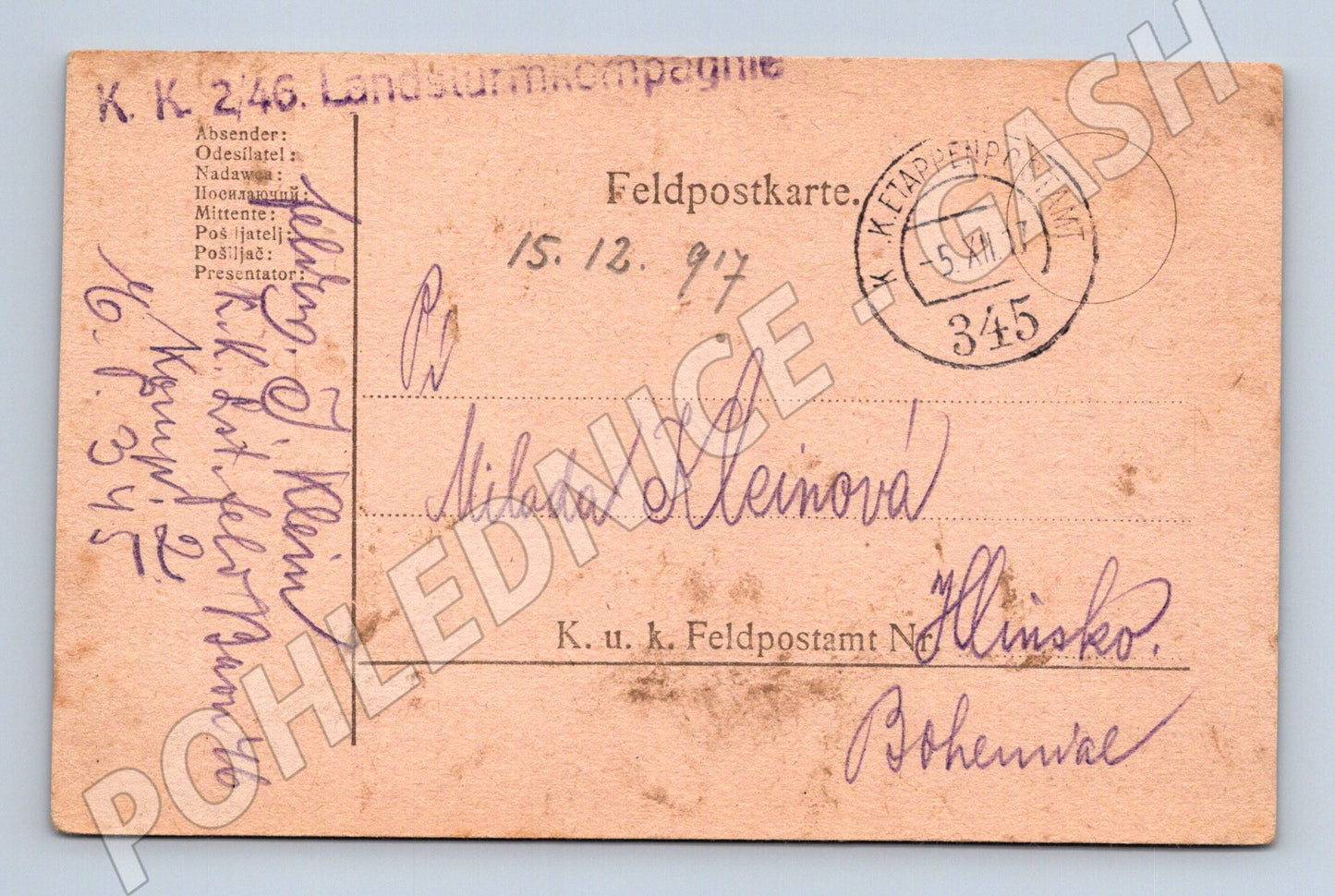 Pohlednice I. světová válka Rakousko-Uhersko Feldpost 1917 (BM25496)