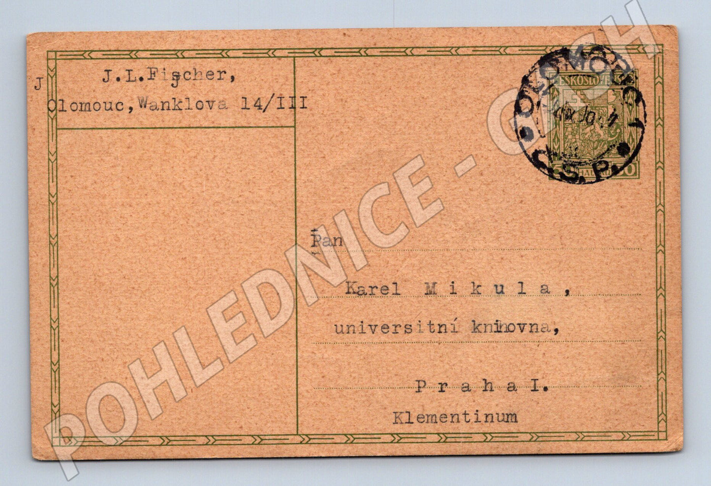 Pohlednice Olomouc Praha dopisnice 1930 (BM25498)