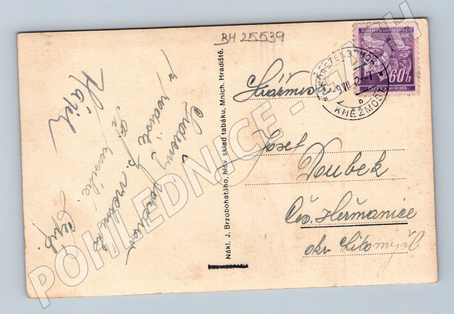 Pohlednice Kněžmost pohled na obec 1942 (BM25539)