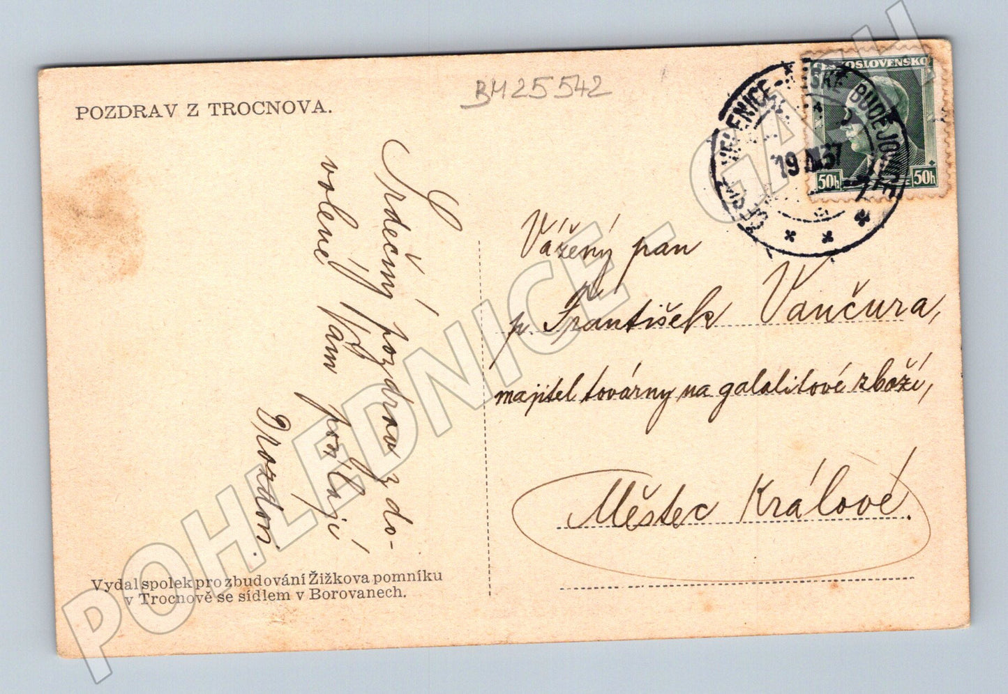 Pohlednice Trocnov pomník Jana Žižky 1937 (BM25542)