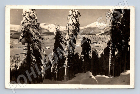 Pohlednice Krkonoše Kolínská bouda zimní krajina 1953 (BM25562)