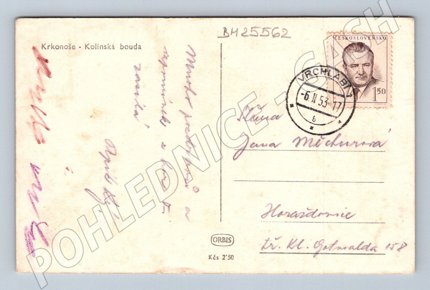 Pohlednice Krkonoše Kolínská bouda zimní krajina 1953 (BM25562)