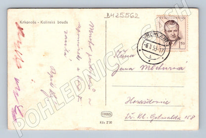 Pohlednice Krkonoše Kolínská bouda zimní krajina 1953 (BM25562)