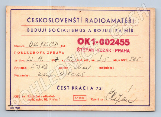 Pohlednice QSL karta radioamatér OK1-002455 Praha 1957 (BM25725)