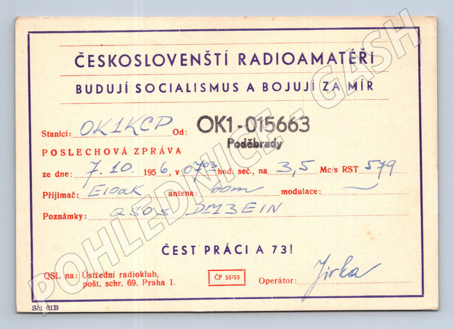 Pohlednice Poděbrady radioamatérská karta 1956 (BM25731)