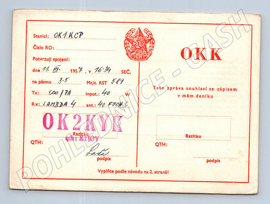 Pohlednice QSL karta Svazarm OK1KCP OK2KYK 1957 (BM25742)
