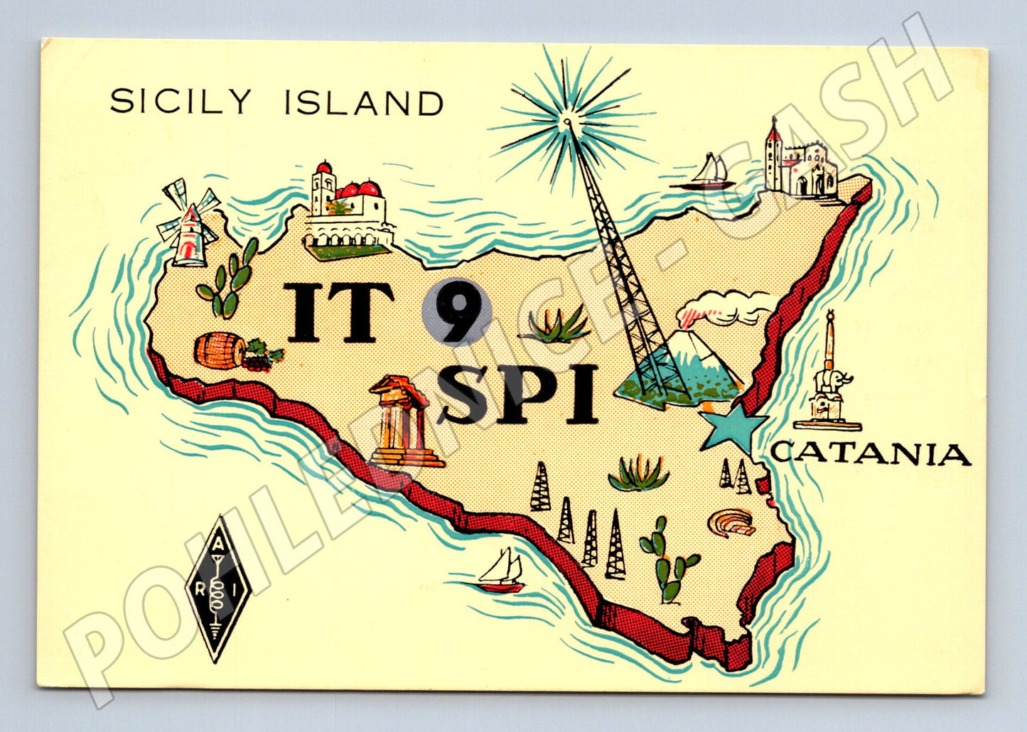 Pohlednice Itálie Sicílie QSL karta stylizovaná mapa 1972 (BM25765)