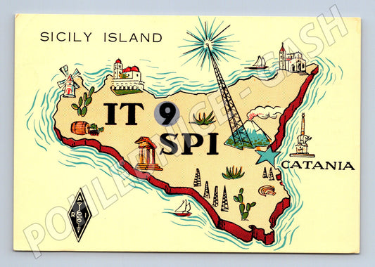 Pohlednice Itálie Sicílie QSL karta stylizovaná mapa 1972 (BM25765)