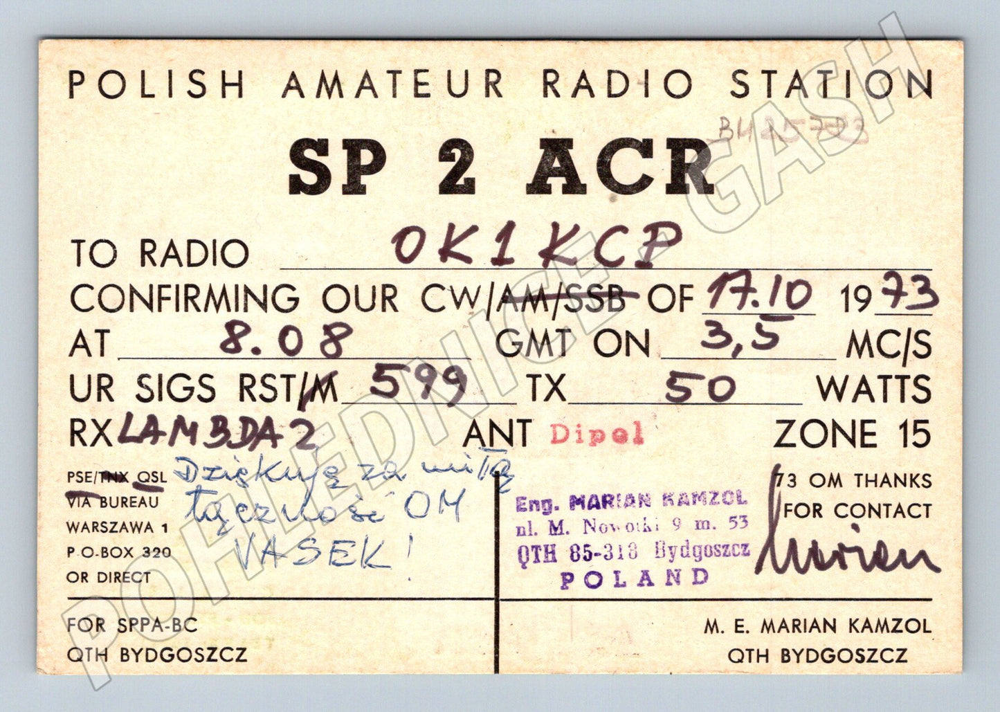 Pohlednice Polsko Bydgoszcz QSL karta SP2ACR F.O.D. 1973 (BM25783)