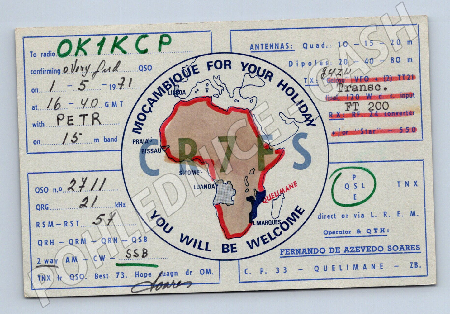Pohlednice Mosambik QSL karta radioamatér OK1KCP CR7ES 1971 (BM25802)