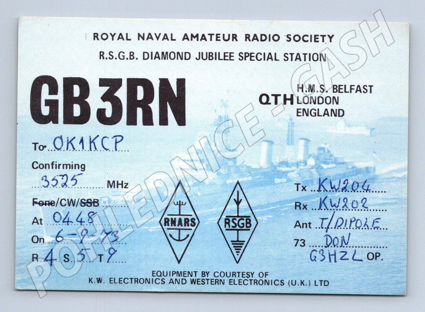 Pohlednice Velká Británie QSL karta GB3RN HMS Belfast 1973 (BM25806)
