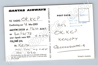 Austrálie Qantas QSL karta aboridžinské umění 1972 (BM25808)