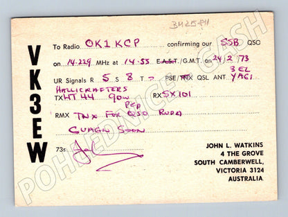 Pohlednice Austrálie QSL karta VK3EW Melbourne 1973 (BM25811)
