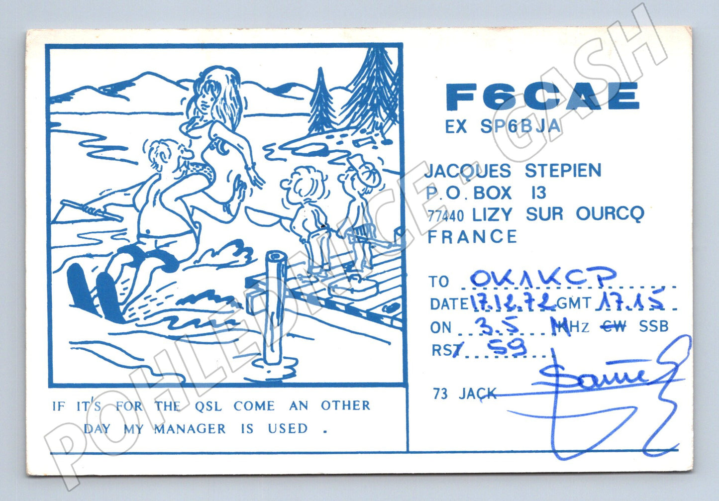 Pohlednice Francie QSL karta s humorným motivem 1972 (BM25818)
