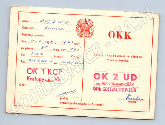 Pohlednice QSL lístek radioklub Kralupy Gottwaldov 1958 (BM25840)