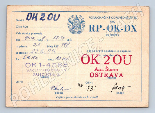 Pohlednice QSL Svazarm OK2OU amatérské rádio 1957 (BM25855)