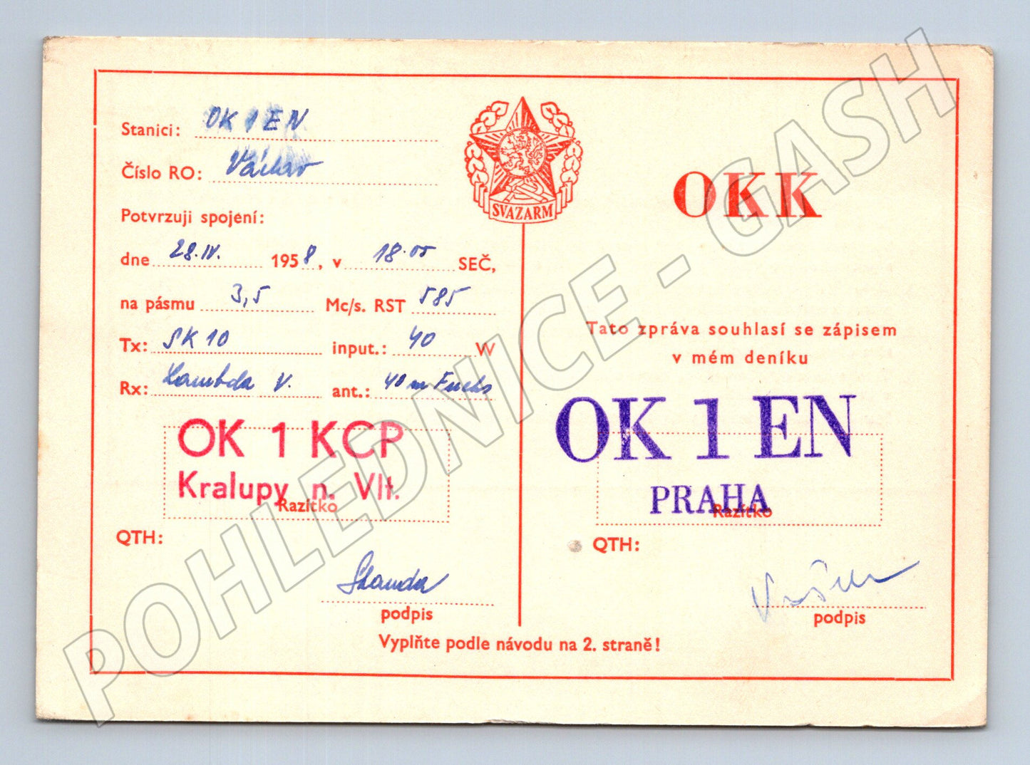 Pohlednice Svazarm QSL lístek Praha Kralupy n. Vlt. 195X (BM25857)