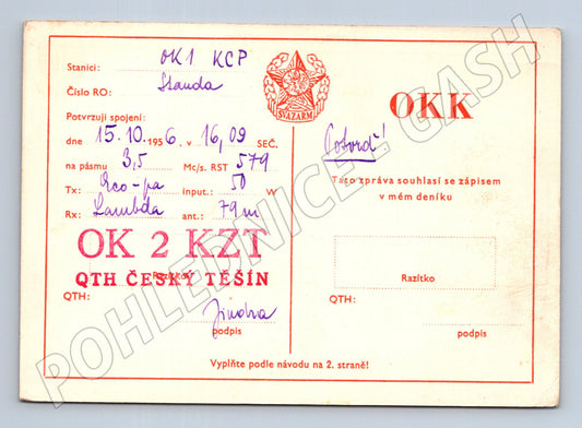 Pohlednice Český Těšín radioamatér QSL lístek 1956 (BM25858)