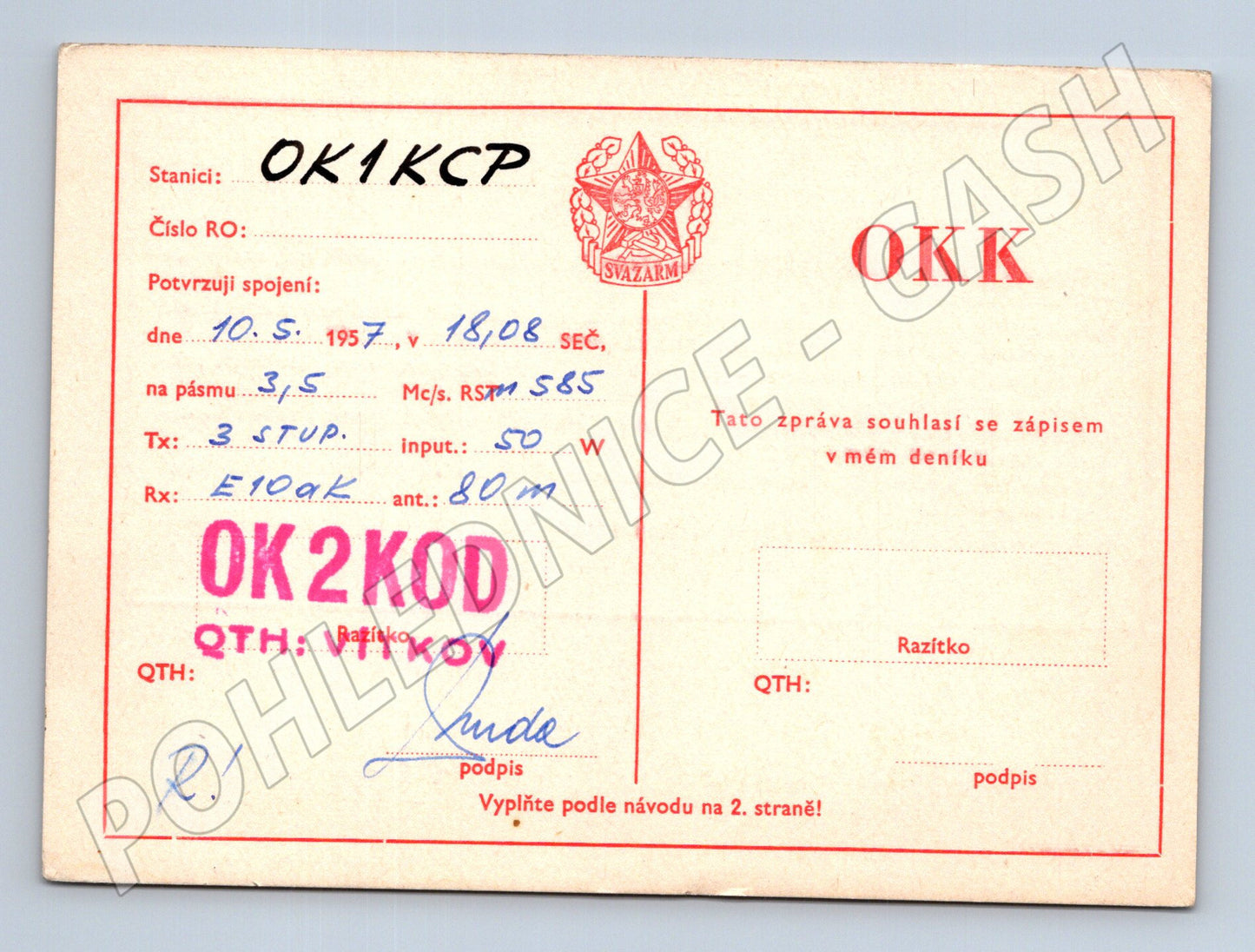 Pohlednice QSL lístek OK1KCP OK2KOD 1957 (BM25862)