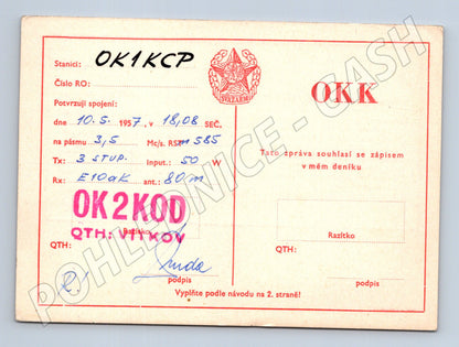 Pohlednice QSL lístek OK1KCP OK2KOD 1957 (BM25862)