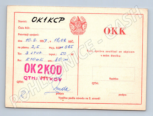 Pohlednice QSL lístek OK1KCP OK2KOD 1957 (BM25862)