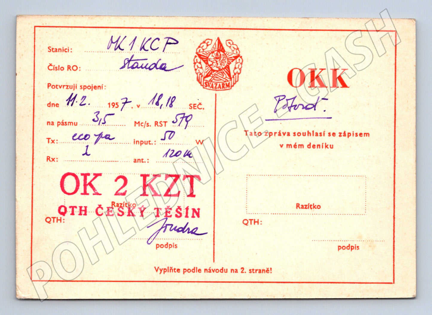 Pohlednice Český Těšín radioamatérská QSL karta 1957 (BM25864)