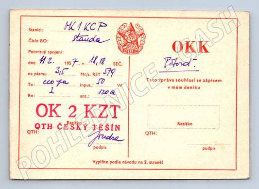 Pohlednice Český Těšín radioamatérská QSL karta 1957 (BM25864)