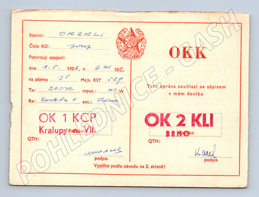 Pohlednice QSL karta radioamatér OK2KLI Brno 1955 (BM25866)